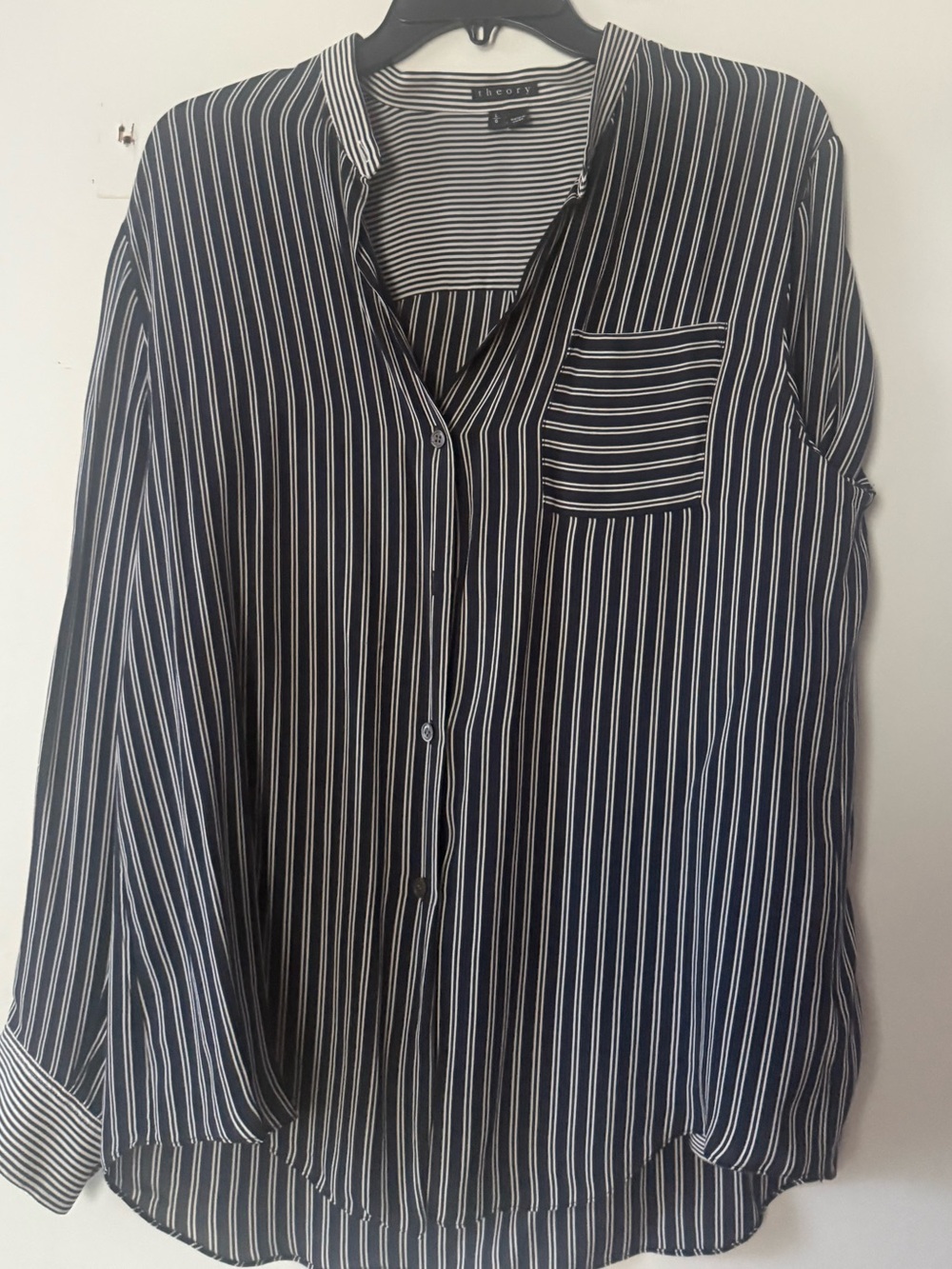 Theory Navy and White Vertical Stripe Button-Down Shirt